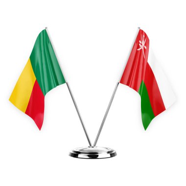 Two table flags isolated on white background 3d illustration, benin and oman