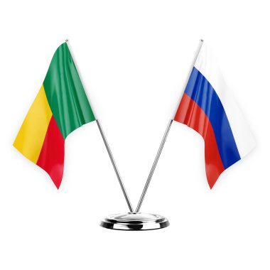 Two table flags isolated on white background 3d illustration, benin and russia