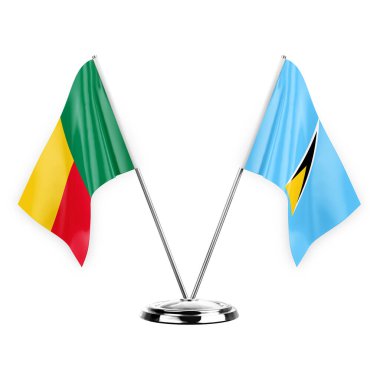 Two table flags isolated on white background 3d illustration, benin and saint lucia