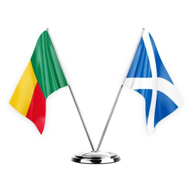 Two table flags isolated on white background 3d illustration, benin and scotland