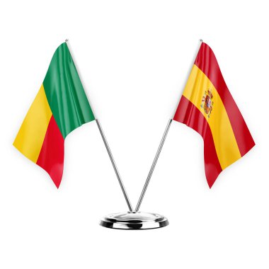 Two table flags isolated on white background 3d illustration, benin and spain
