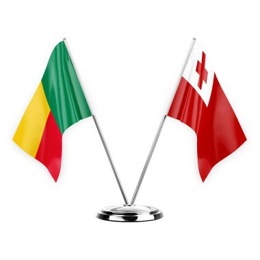 Two table flags isolated on white background 3d illustration, benin and tonga