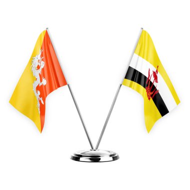 Two table flags isolated on white background 3d illustration, bhutan and brunei
