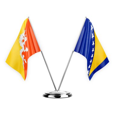 Two table flags isolated on white background 3d illustration, bhutan and bosnia