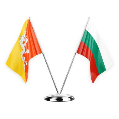 Two table flags isolated on white background 3d illustration, bhutan and bulgaria
