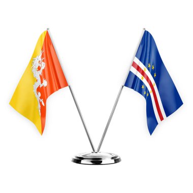 Two table flags isolated on white background 3d illustration, bhutan and cape verde