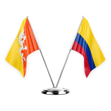Two table flags isolated on white background 3d illustration, bhutan and colombia