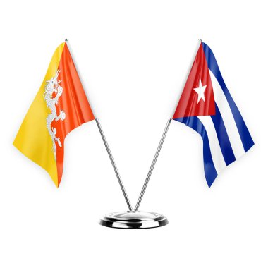 Two table flags isolated on white background 3d illustration, bhutan and cuba