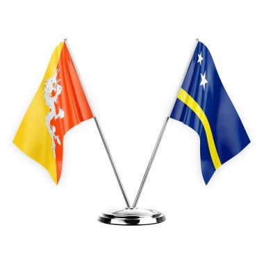 Two table flags isolated on white background 3d illustration, bhutan and curacao