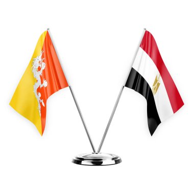 Two table flags isolated on white background 3d illustration, bhutan and egypt