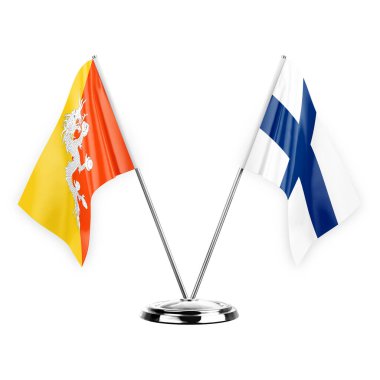 Two table flags isolated on white background 3d illustration, bhutan and finland