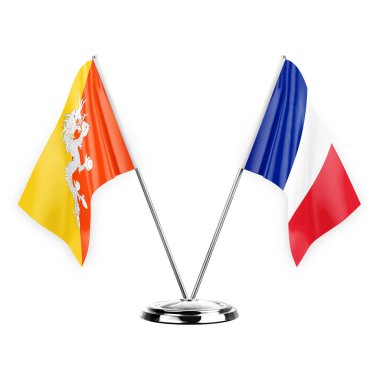 Two table flags isolated on white background 3d illustration, bhutan and france