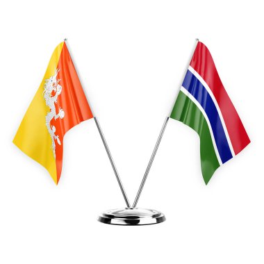 Two table flags isolated on white background 3d illustration, bhutan and gambia