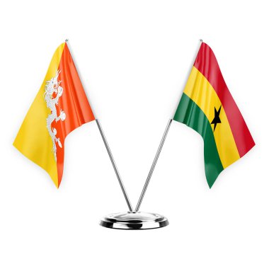 Two table flags isolated on white background 3d illustration, bhutan and ghana
