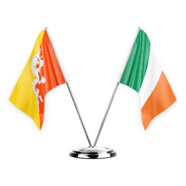 Two table flags isolated on white background 3d illustration, bhutan and ireland