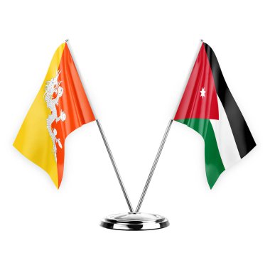 Two table flags isolated on white background 3d illustration, bhutan and jordan