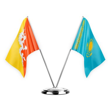 Two table flags isolated on white background 3d illustration, bhutan and kazakhstan