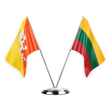 Two table flags isolated on white background 3d illustration, bhutan and lithuania