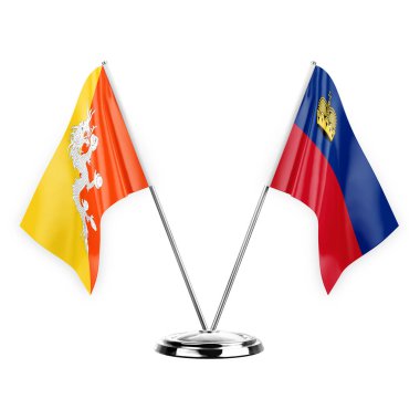 Two table flags isolated on white background 3d illustration, bhutan and liechtenstein