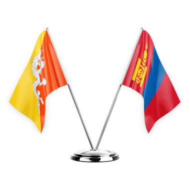 Two table flags isolated on white background 3d illustration, bhutan and mongolia