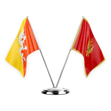 Two table flags isolated on white background 3d illustration, bhutan and montenegro