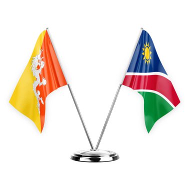 Two table flags isolated on white background 3d illustration, bhutan and namibia