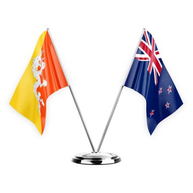 Two table flags isolated on white background 3d illustration, bhutan and new zealand