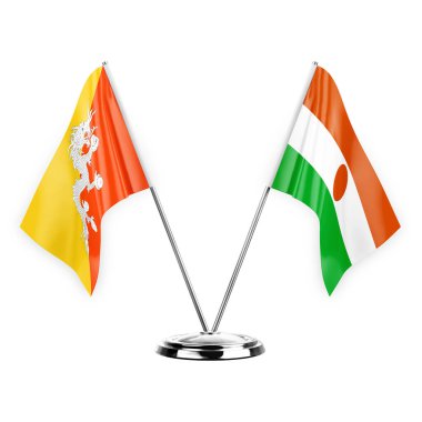 Two table flags isolated on white background 3d illustration, bhutan and niger