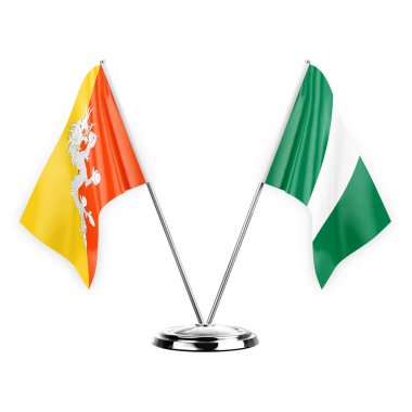 Two table flags isolated on white background 3d illustration, bhutan and nigeria