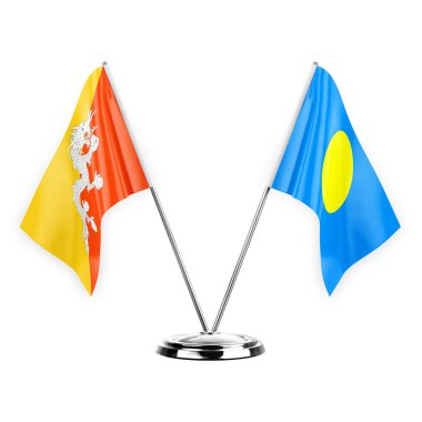 Two table flags isolated on white background 3d illustration, bhutan and palau