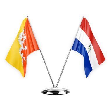 Two table flags isolated on white background 3d illustration, bhutan and paraguay