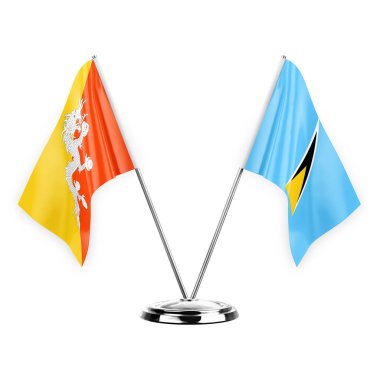 Two table flags isolated on white background 3d illustration, bhutan and saint lucia