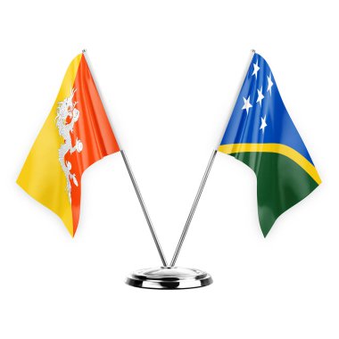 Two table flags isolated on white background 3d illustration, bhutan and solomon islands