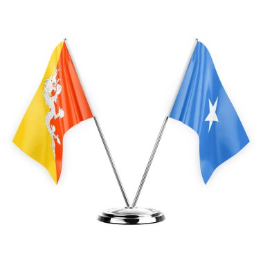 Two table flags isolated on white background 3d illustration, bhutan and somalia