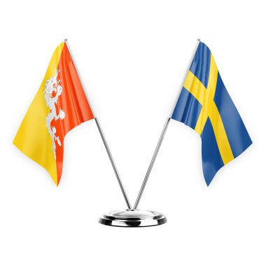 Two table flags isolated on white background 3d illustration, bhutan and sweden