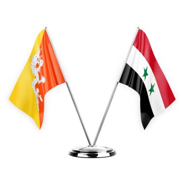 Two table flags isolated on white background 3d illustration, bhutan and syria
