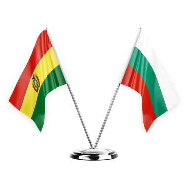 Two table flags isolated on white background 3d illustration, bolivia and bulgaria