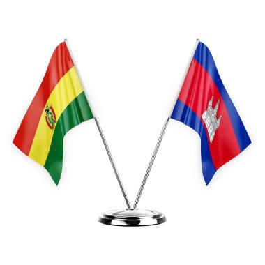 Two table flags isolated on white background 3d illustration, bolivia and cambodia