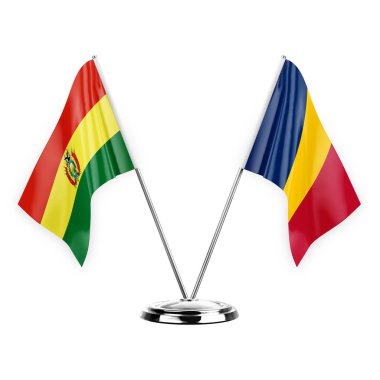 Two table flags isolated on white background 3d illustration, bolivia and chad