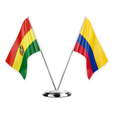Two table flags isolated on white background 3d illustration, bolivia and colombia