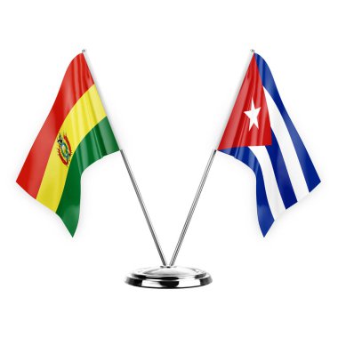 Two table flags isolated on white background 3d illustration, bolivia and cuba