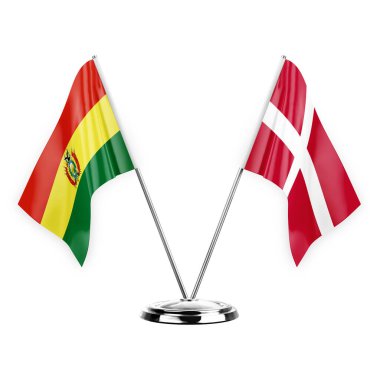 Two table flags isolated on white background 3d illustration, bolivia and denmark