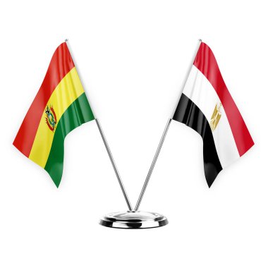 Two table flags isolated on white background 3d illustration, bolivia and egypt