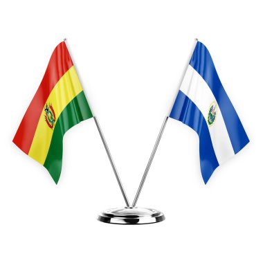 Two table flags isolated on white background 3d illustration, bolivia and el salvador