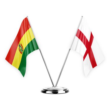 Two table flags isolated on white background 3d illustration, bolivia and england