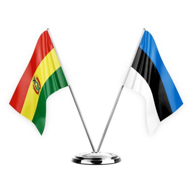 Two table flags isolated on white background 3d illustration, bolivia and estonia