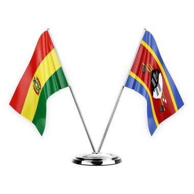 Two table flags isolated on white background 3d illustration, bolivia and eswatini