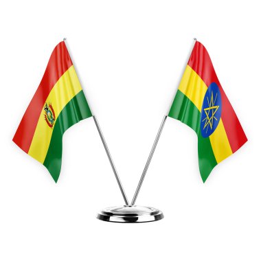 Two table flags isolated on white background 3d illustration, bolivia and ethiopia