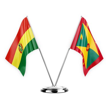 Two table flags isolated on white background 3d illustration, bolivia and grenada
