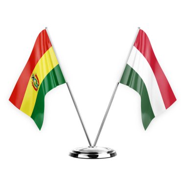 Two table flags isolated on white background 3d illustration, bolivia and hungary
